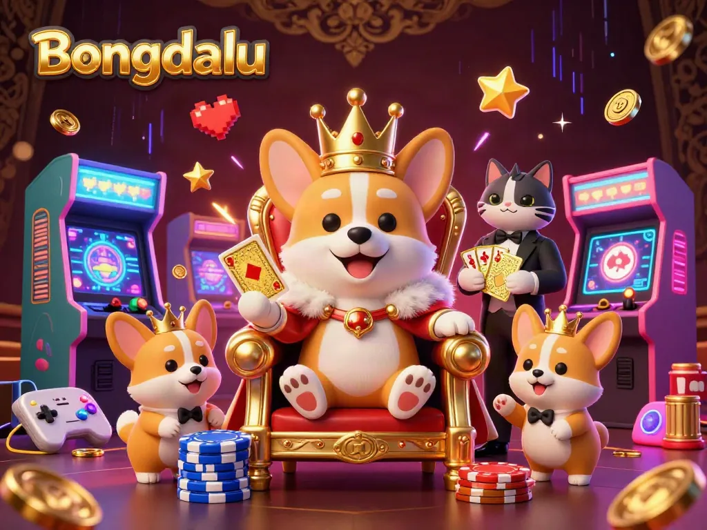 Bongdalu brings excitement with a royal corgi on a poker throne amongst gaming fun and vibrant casino elements.