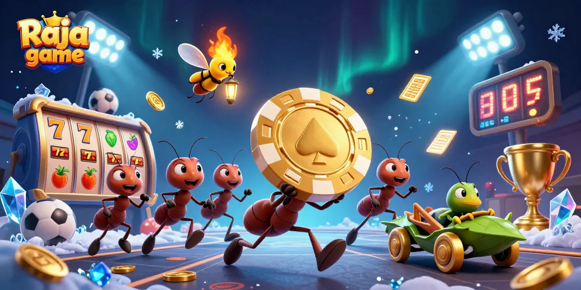 Engage with thrilling Raja game action as ants carry a giant poker chip in a vibrant casino world.