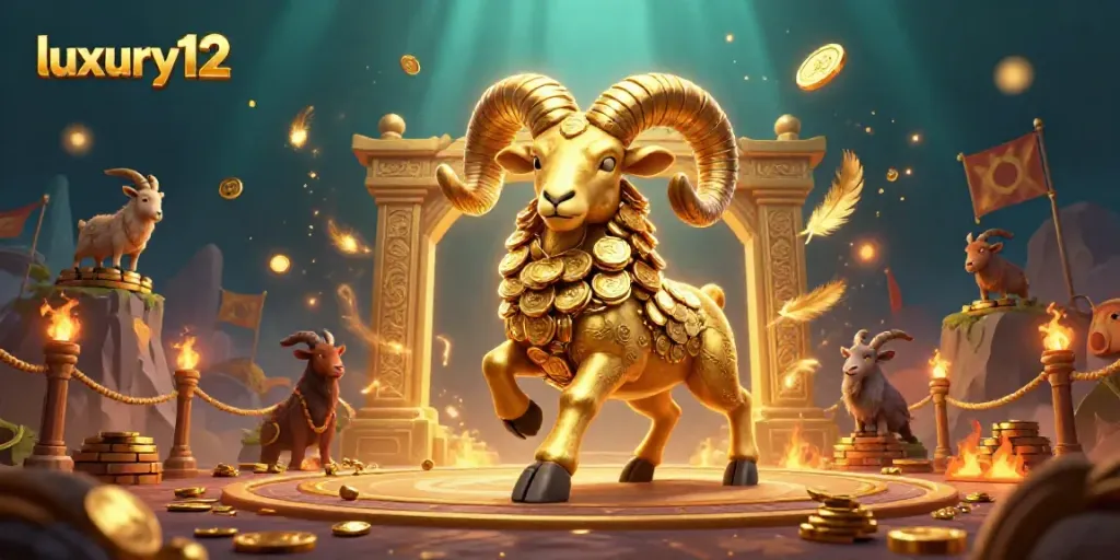 Experience thrilling action at luxury12 with a charging golden ram amidst swirling feathers and coins.