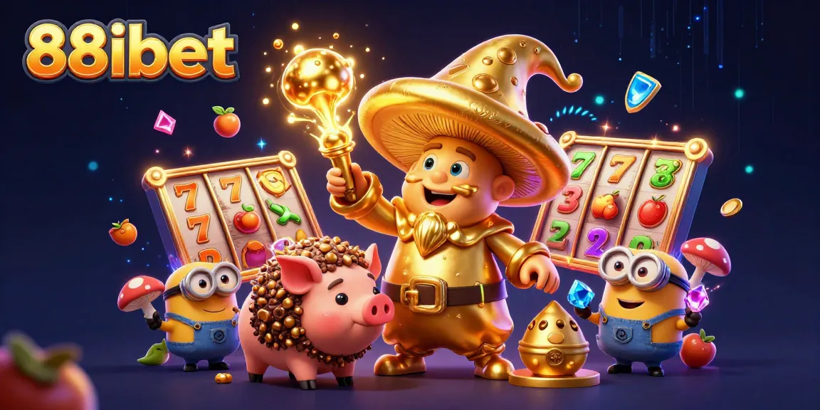 88ibet's magical slots scene with golden mushroom wizard and treasure-hunting pig amidst jackpot elements.