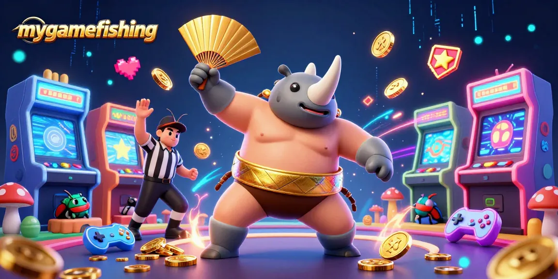 Experience mygamefishing with our lively illustration capturing a sumo beetle champion amidst vibrant casino elements.