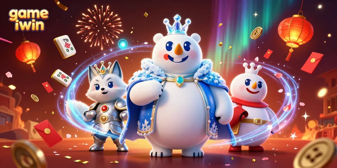 Experience excitement with game iwin featuring a polar bear and snow fox in a festive casino scene.