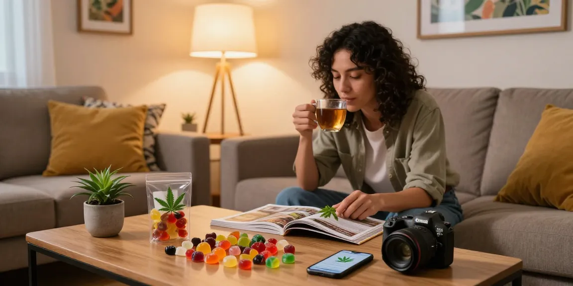Delicious assortment of best THC gummies on coffee table, showcased in a cozy living room setting.