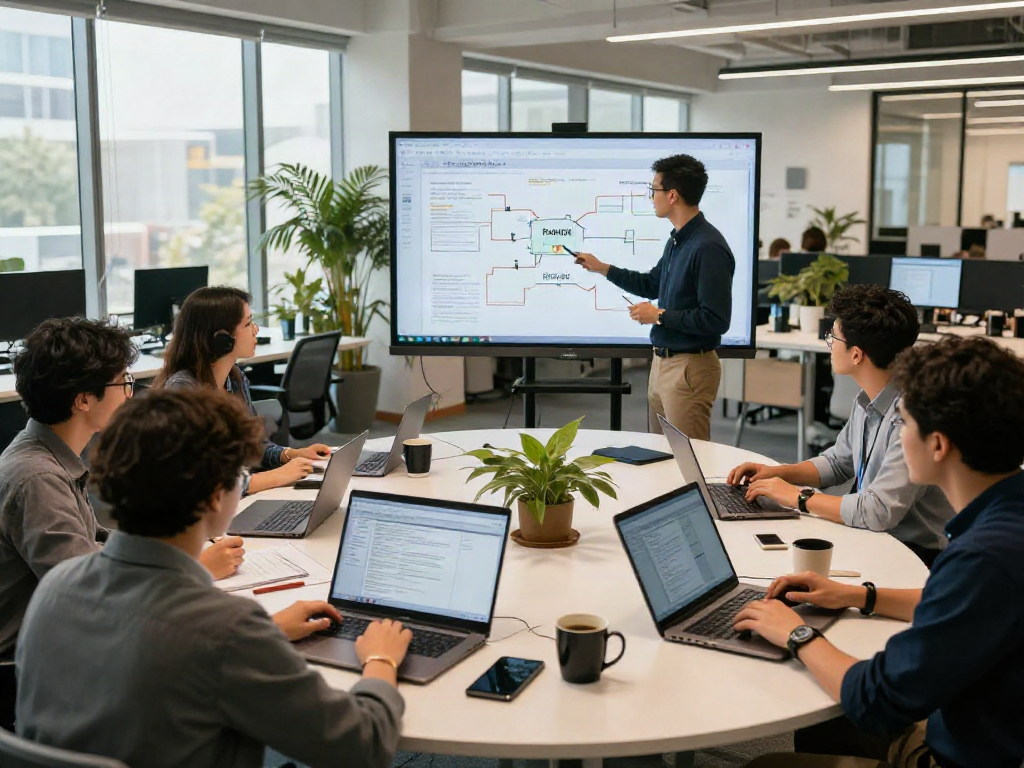 Collaborative team analyzing document fraud detection solution in a modern office setting.