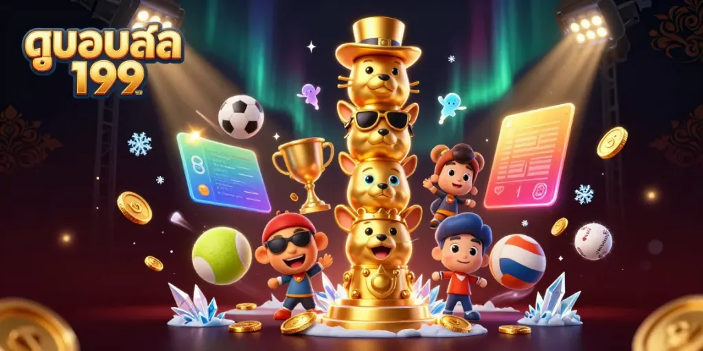 Experience the thrill of ดูบอลสด 199 with dynamic sports elements, golden trophies, and vibrant visuals.