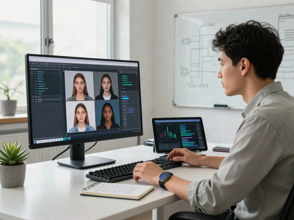 AI Detector analysis in a modern tech workspace with data scientist examining AI-generated images.