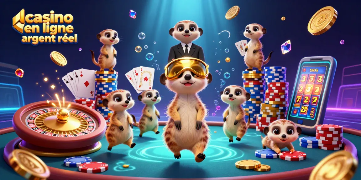 Action dans un casino en ligne argent réel avec des suricates amusants jouant aux cartes et distribuant des jetons.