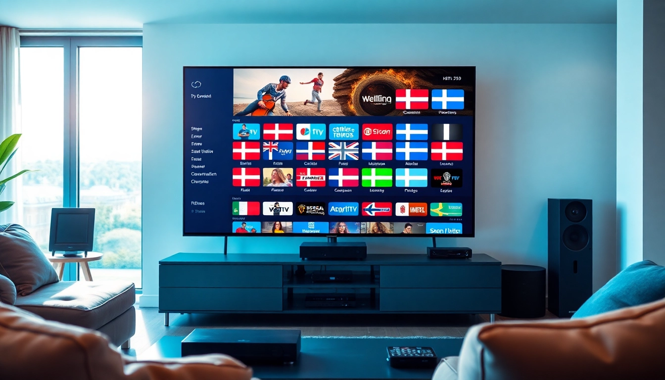 Experience high-quality IPTV Denmark streaming in a modern living room setup with vibrant colors.