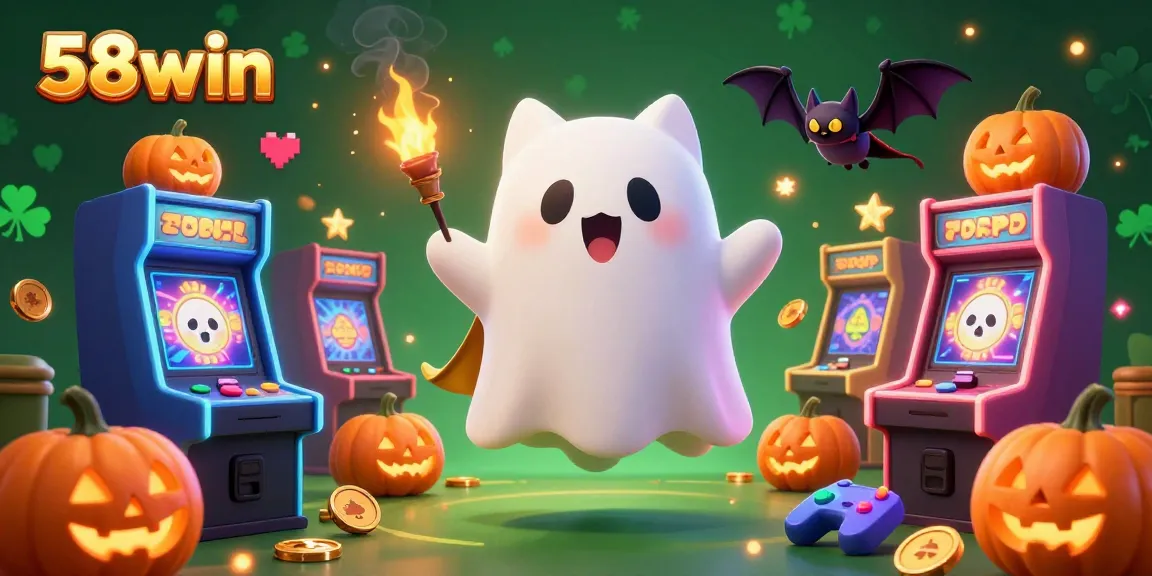 Experience the thrilling world of 58win through a vivid 3D cartoon illustration with a ghost cat, arcade games, and glowing poker symbols.