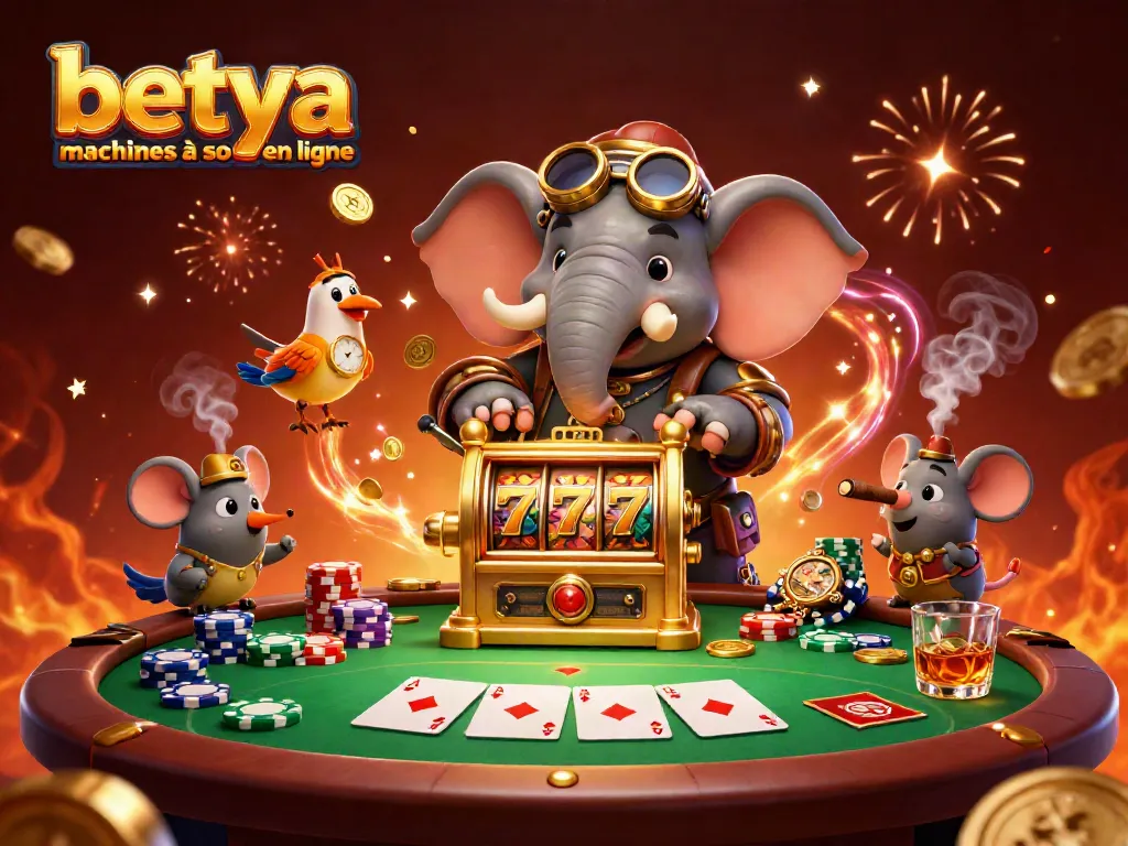 Engage in betya machines à sous en ligne with a steampunk elephant character operating a golden slot machine amidst vibrant casino elements.