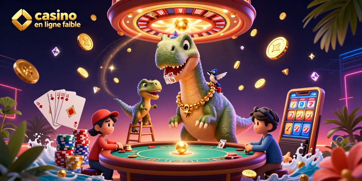 Illustrez une scène de casino avec un brontosaurus et un raptor, représentant un casino en ligne fiable.
