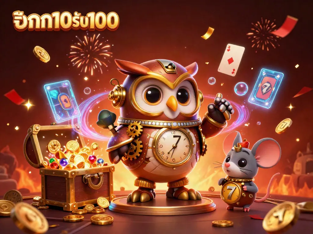ภาพการ์ตูน 3D เกี่ยวกับโปรโมชั่น ฝาก10รับ100 ที่มีเหรียญทองและการ์ดแห่งโชค