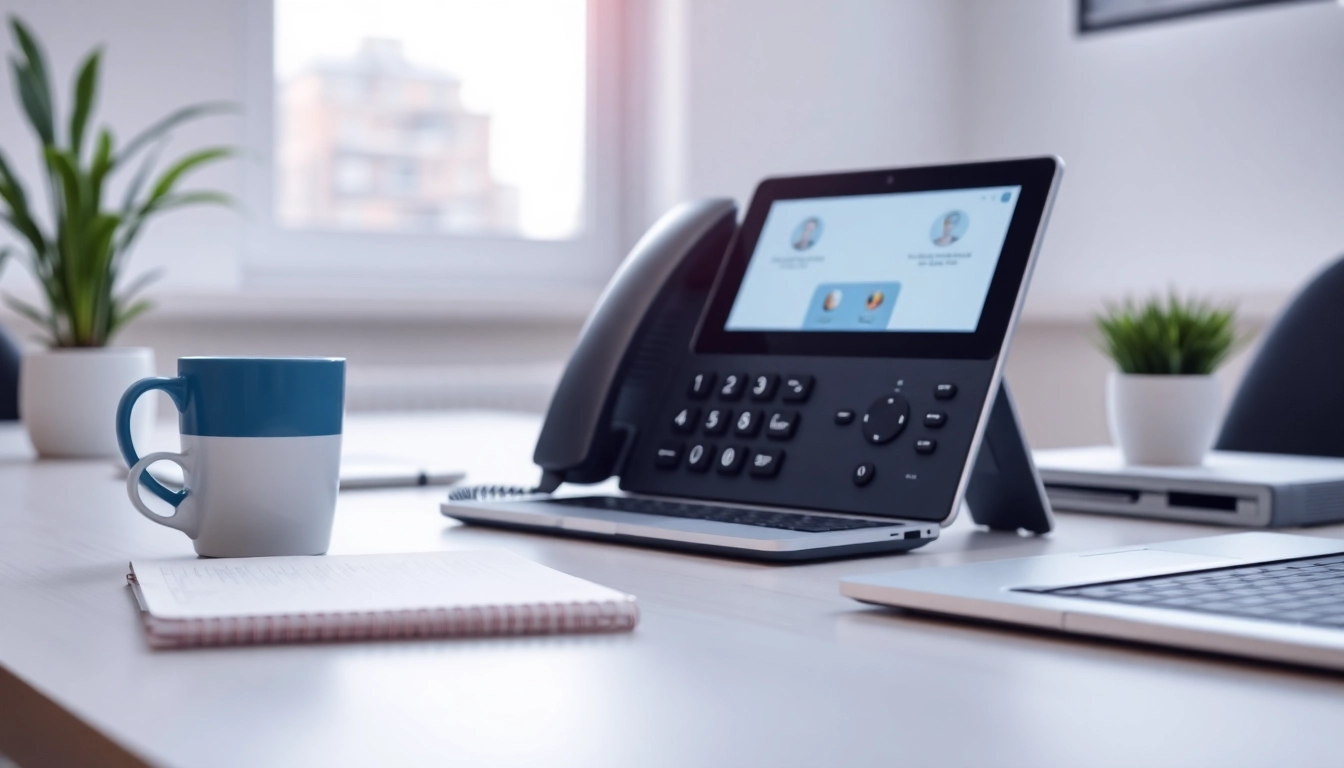 Innovative small business phone system enhancing workplace productivity in a modern office.