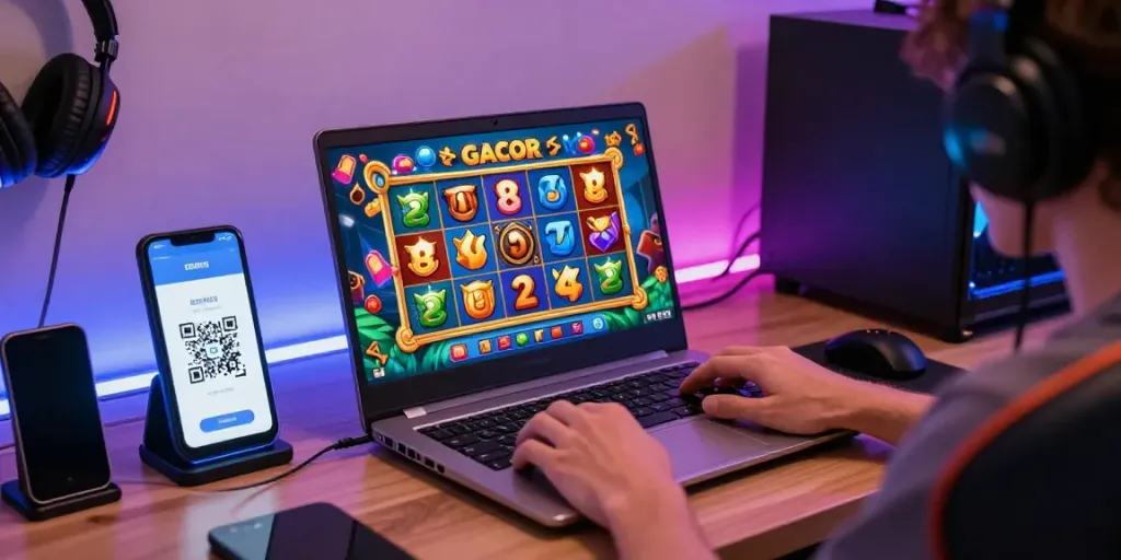 Player enjoying slot gacor games on a laptop with vibrant graphics and glowing room ambiance.