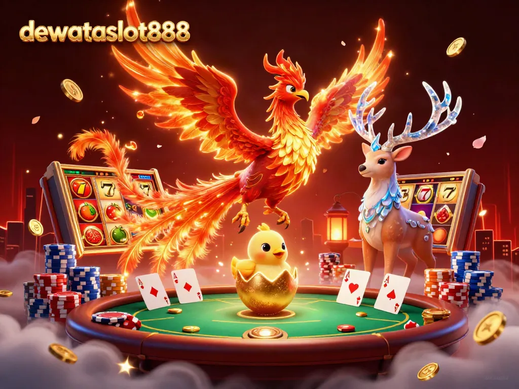 Ilustrasi 3D memberikan nuansa kasino dengan dewataslot888 dan simbol mesin slot yang menarik.