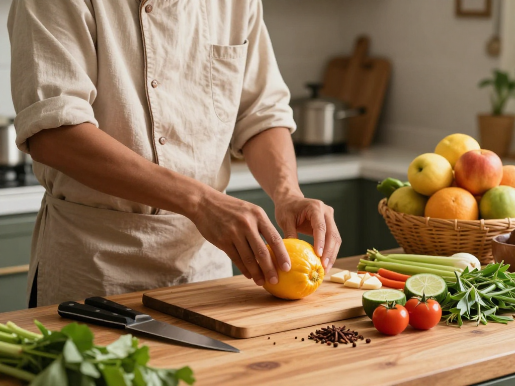 Koki memasak hidangan menggunakan situs epictoto dengan bahan segar dan alat masak di dapur yang terang.