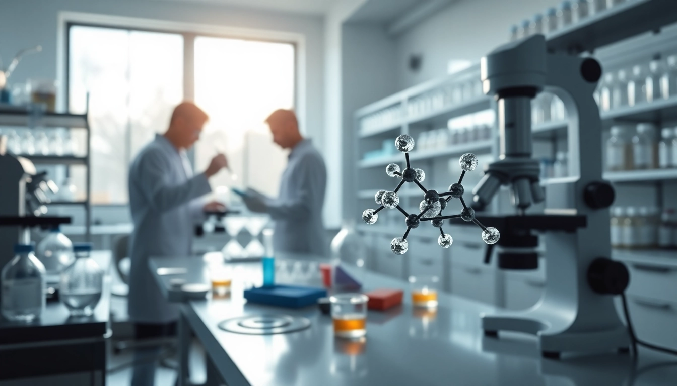 Revealing peptidology breakthroughs through researchers examining peptide structures in a lab.