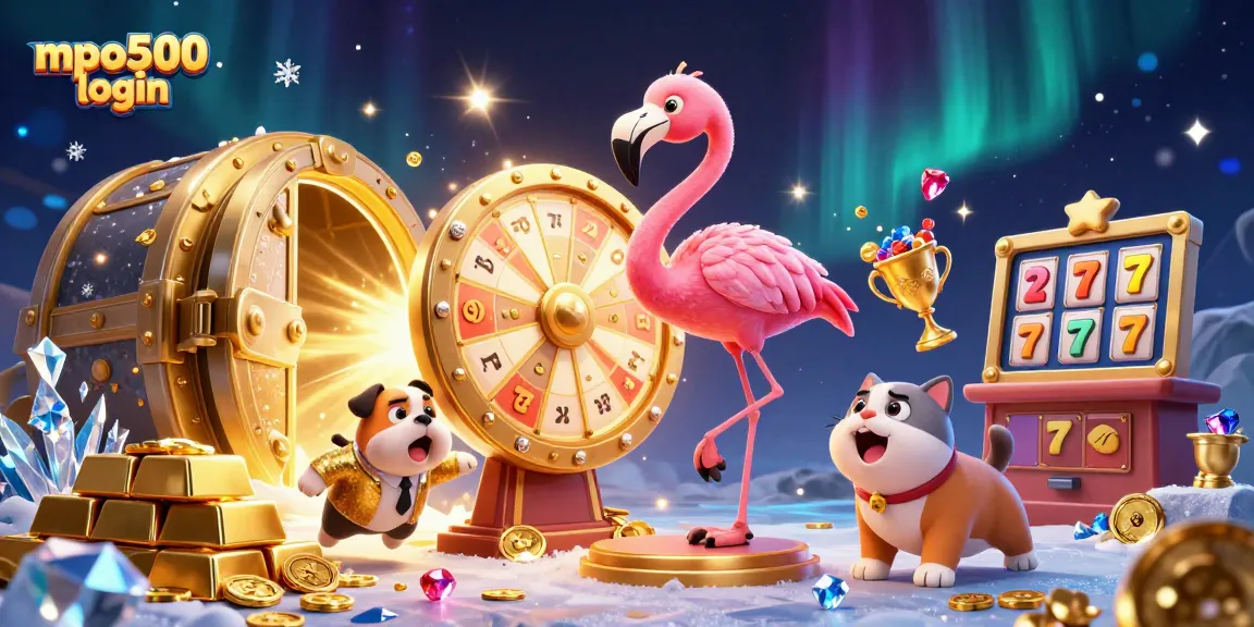 Spin to win with mpo500 login, featuring fun characters and exciting casino elements in a vibrant scene.