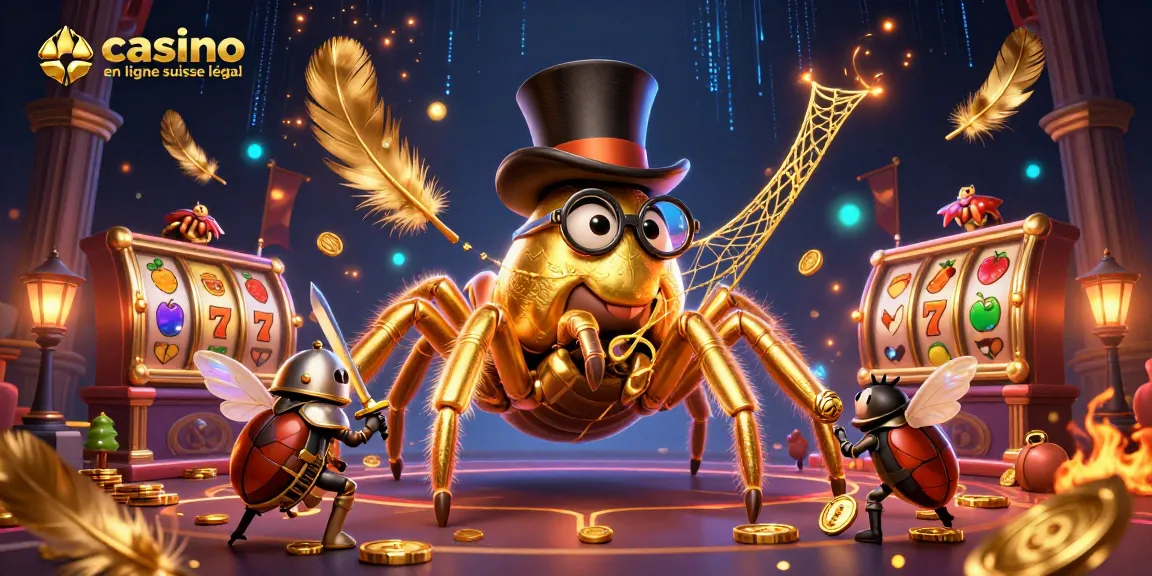 Visuel captivant de casino en ligne suisse légal mettant en scène une araignée dorée et un chevalier scarabée dans un décor animé.