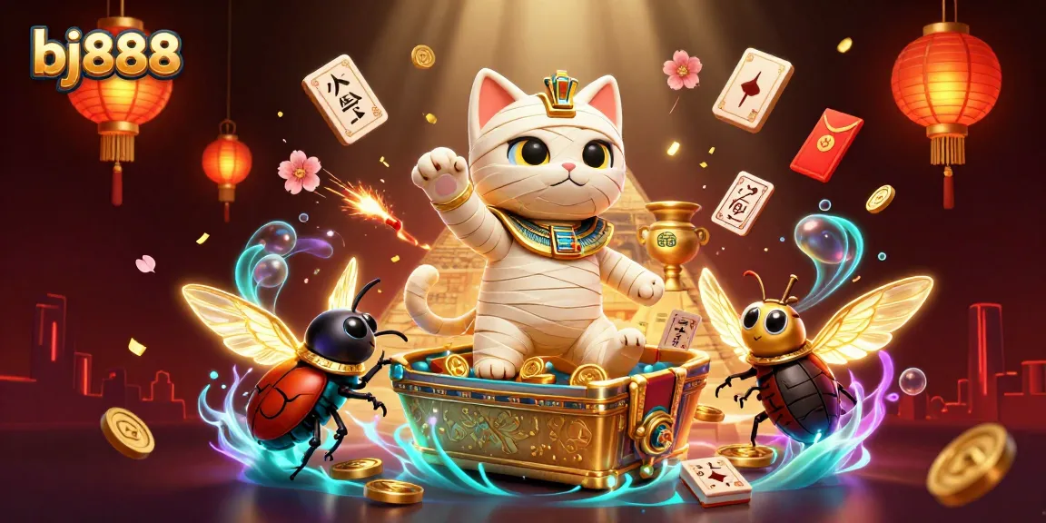 Engage in exciting games at bj888 with a vibrant casino scene featuring a mummy cat and golden elements.