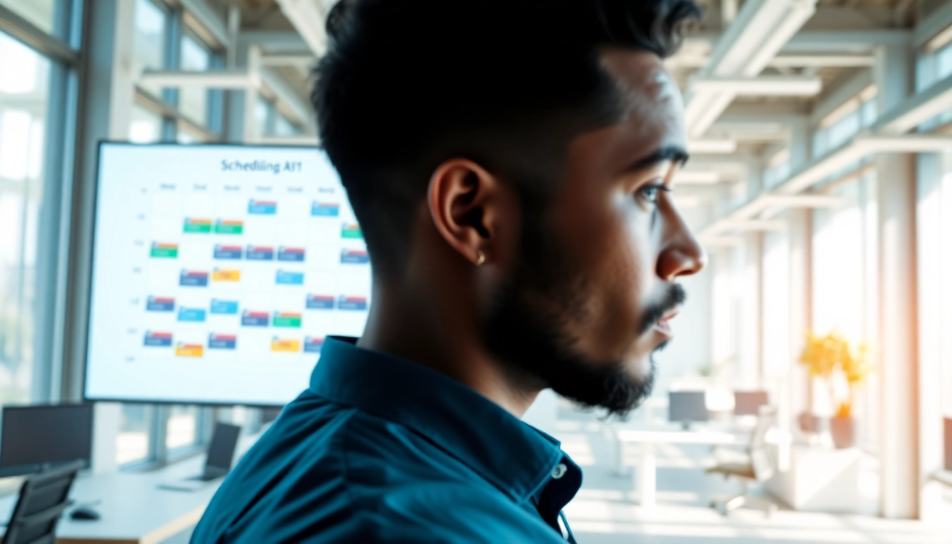 Use proactive scheduling AI to maximize efficiency in a modern office setting with dynamic digital calendar.