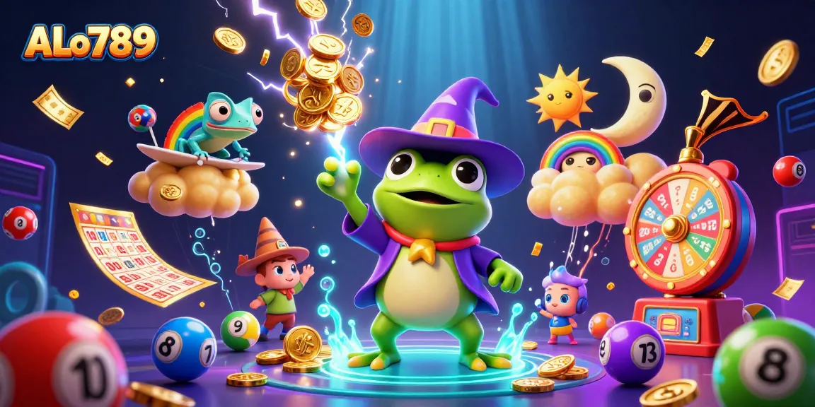Join the excitement of ALo789 with colorful lottery elements in a captivating casino scene.