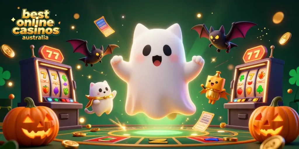 Experience the best online casinos Australia with a friendly ghost cat amidst spooky casino elements and vibrant visuals.