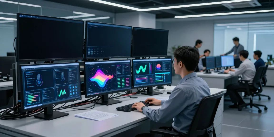 Engineer monitoring AI inference metrics in a high-tech control room.