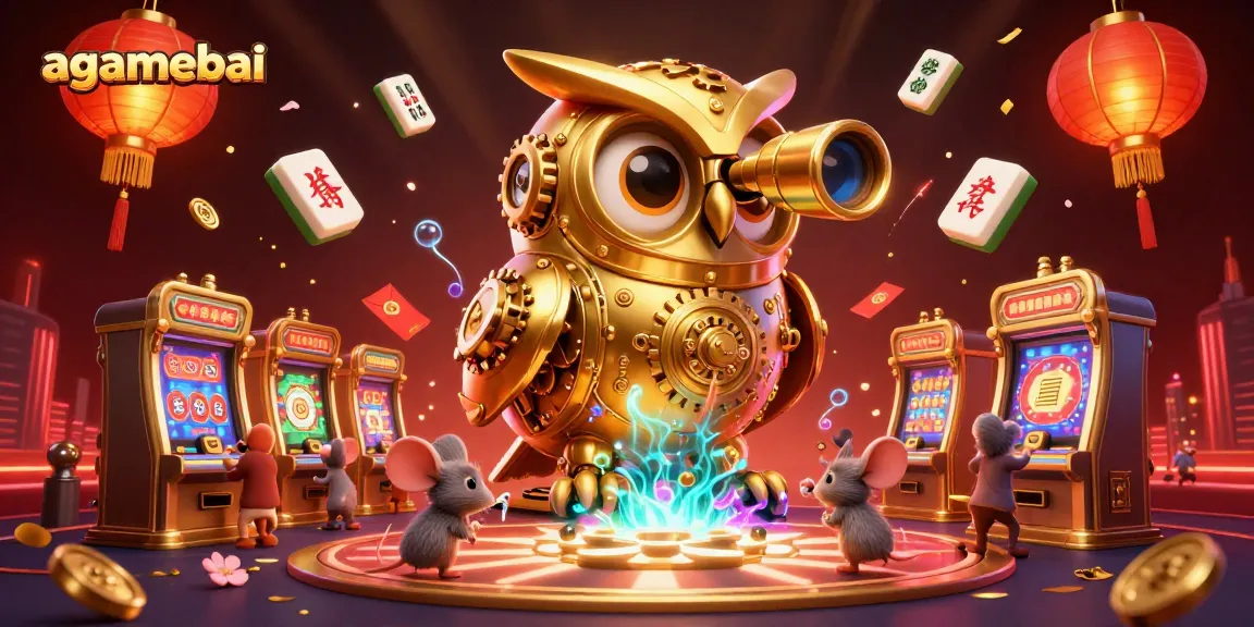 Engage with agamebai as a massive golden owl watches over dynamic casino action with vibrant game elements.