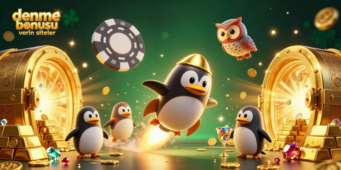 Experience excitement with deneme bonusu veren siteler featuring a golden penguin and shining treasures.