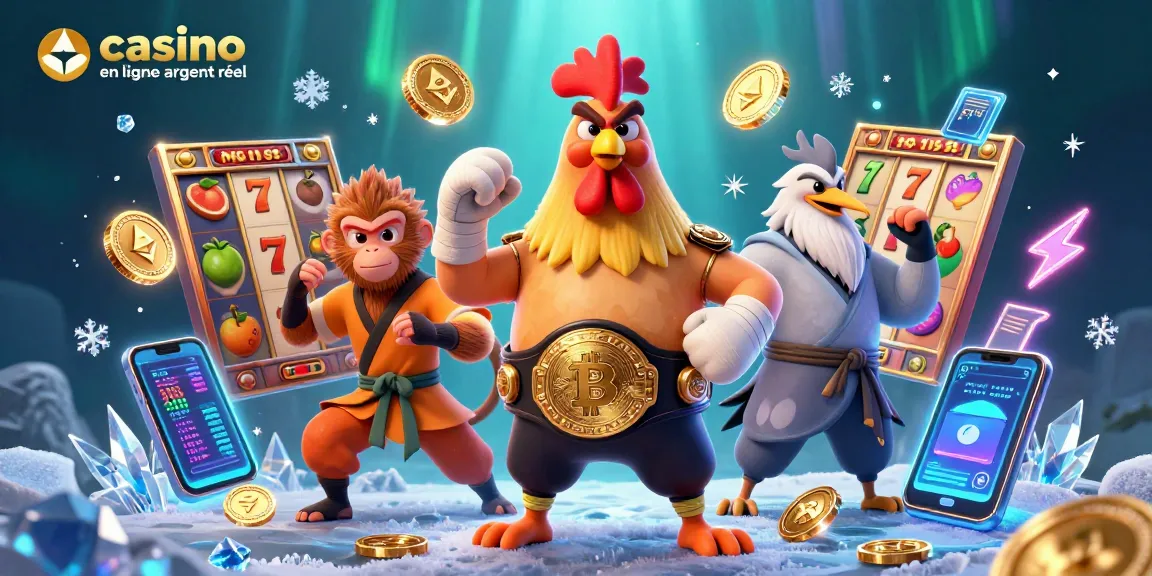 Illustration dynamique de casino en ligne argent réel avec un coq Muay Thai et un singe Shaolin, entourés des jackpots et crypto-monnaies.