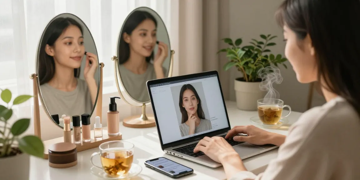 Test attractiveness by uploading a photo in a cozy home setting with beauty tools and warm light.