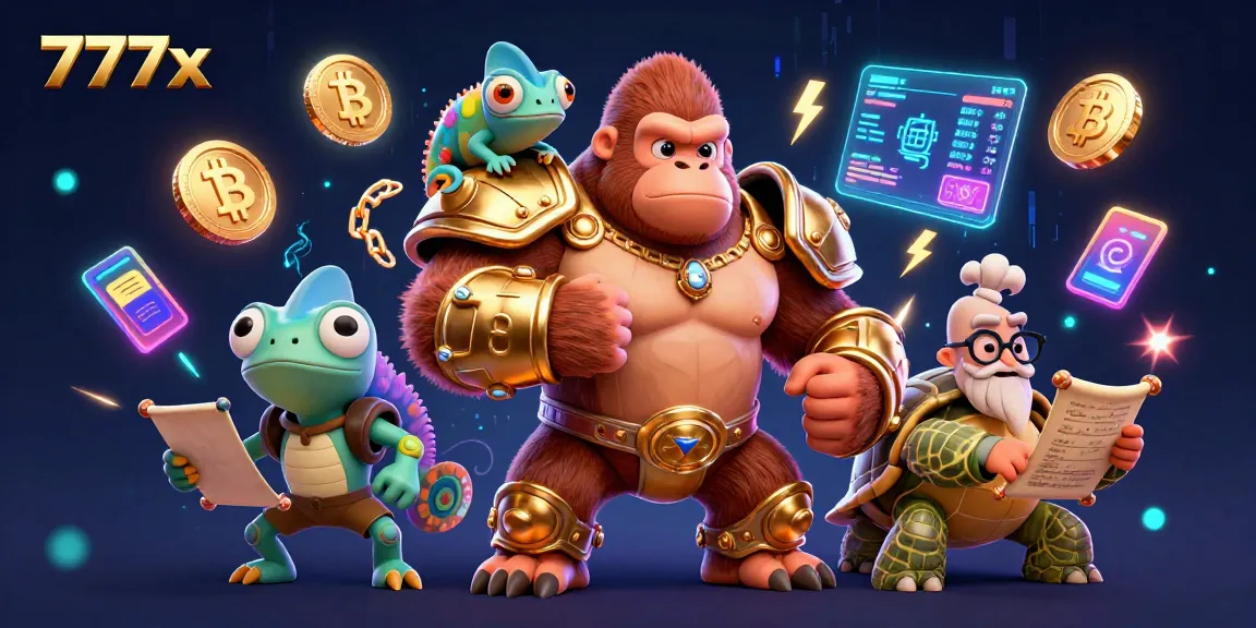 Experience the thrill of 777x with a powerful king, chameleon, and wise tortoise in this vivid casino scene.