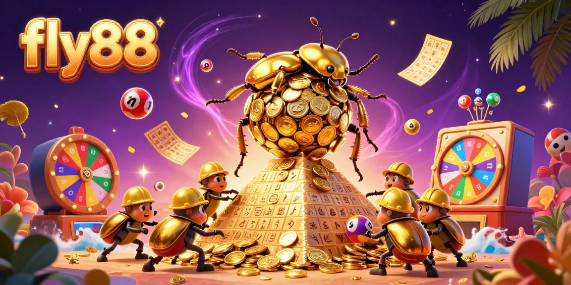 fly88 showcases a golden dung beetle rolling a ball of coins in a vibrant casino scene.
