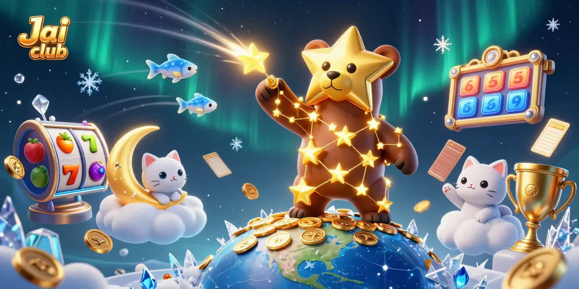 Engage in exciting gaming experiences at Jai club with stunning visuals featuring a constellation bear, slot games, and dynamic elements.