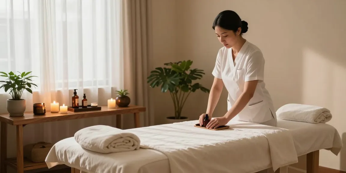 마사지 테라피를 준비하는 전문가와 아늑한 스파 환경
