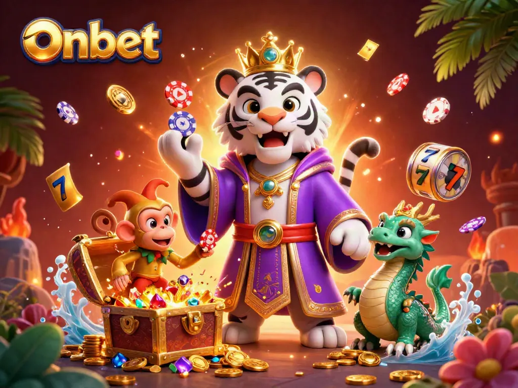 Engage in Onbet gaming adventures with a lively scene featuring a cartoon tiger, monkey, and vibrant slot elements.