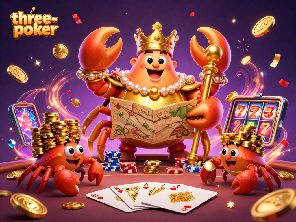 Engage in three-card-poker action with a vibrant casino scene filled with golden chips and royal flush.