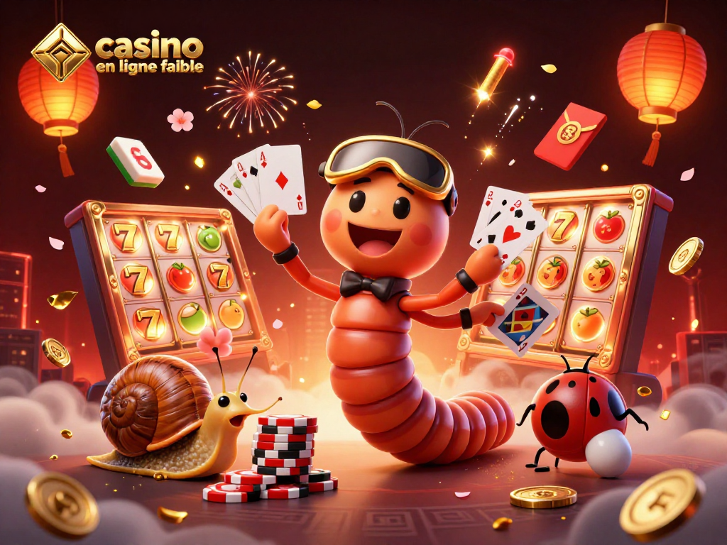 Illustration 3D d'un casino en ligne fiable avec un dealer mille-pattes et un joueur escargot entourés de jeux de casino.
