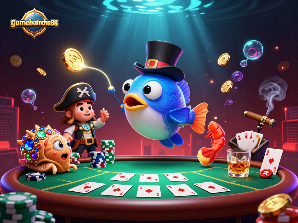 Engage with gamebainohu88 in an exciting poker scene featuring treasure-filled sea creatures.