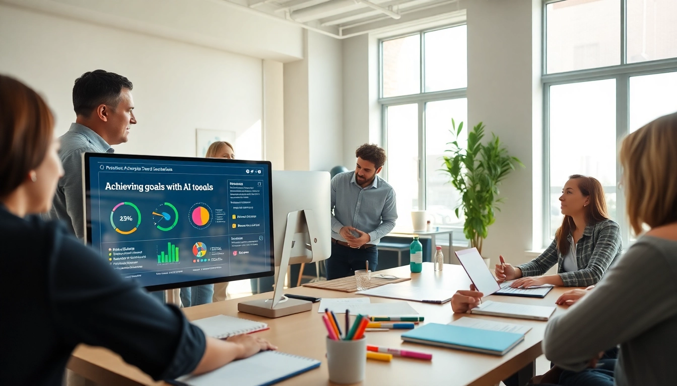 Achieve Your Goals With AI in a collaborative office setting showcasing a planning session with diverse participants.