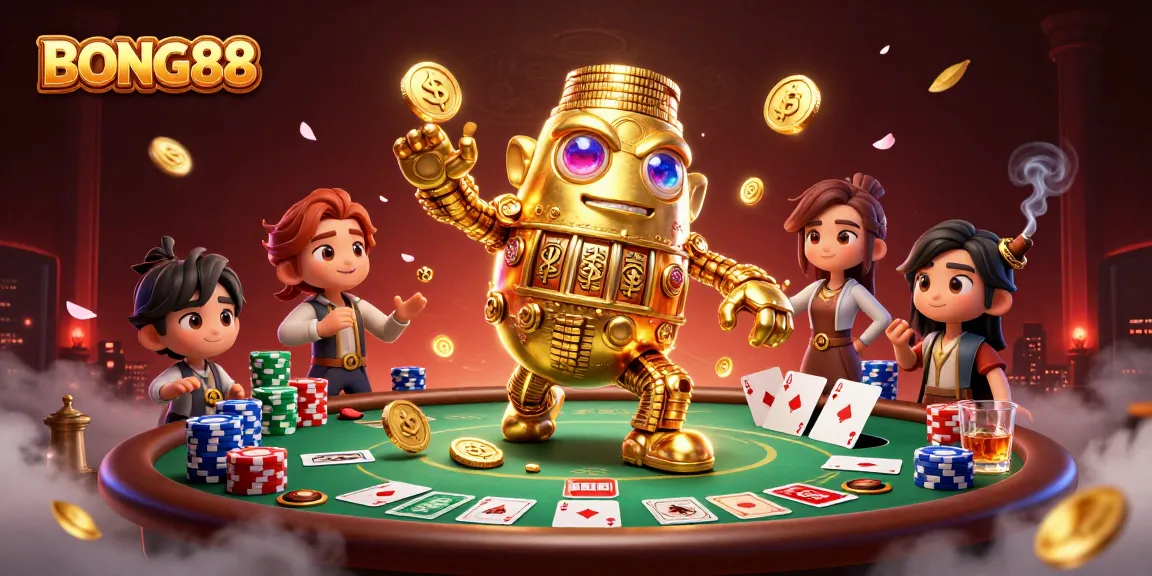 Experience exciting BONG88 adventures at a dynamic poker scene with ancient golden golem and chips.