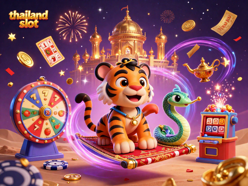 Engaging thailand slot scene with a tiger sultan, magical genie, and vibrant casino elements