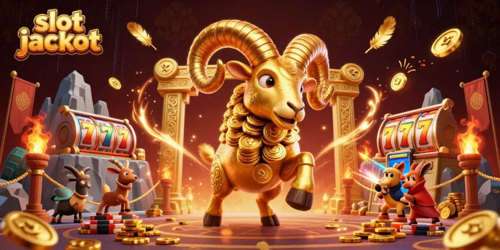 Experience the excitement of the slot jackpot with a vibrant 3D casino scene featuring golden ram and scattered coins.