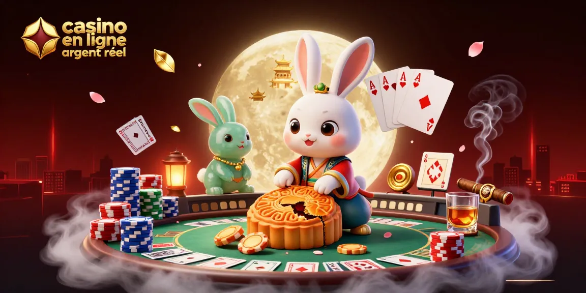 Un lapin de la lune en train de jouer au casino en ligne argent réel avec des jetons et des cartes.