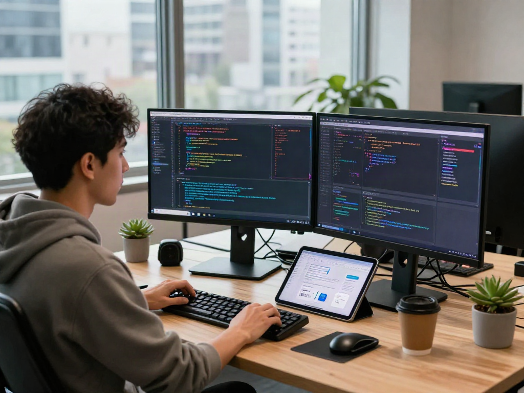 Crushon software developer coding in a vibrant workspace with dual monitors and innovative tech gadgets.