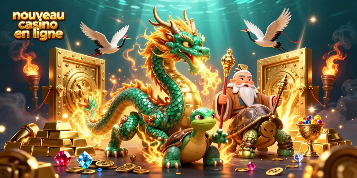 Illustration captivante d'un nouveau casino en ligne avec un dragon, une tortue sage et des grues chanceuses.