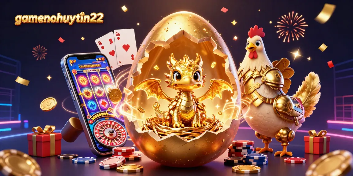 Engage with gamenohuuytin22 and discover a dazzling 3D illustration of a golden baby dragon amidst poker chips and casino games.