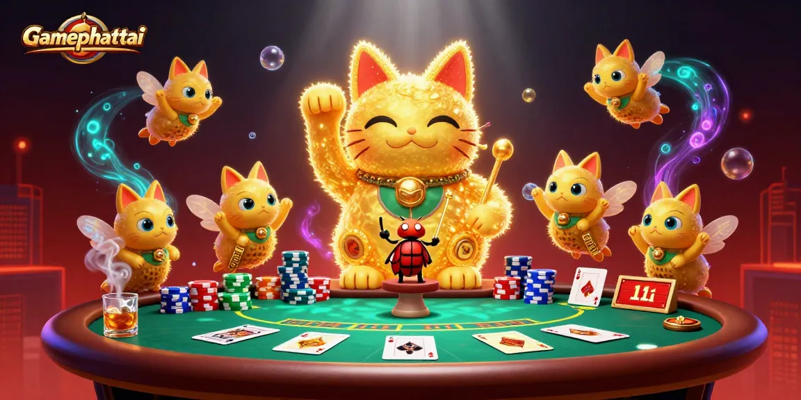 Experience the excitement of gamephattai as golden fireflies form a lucky cat amidst vibrant casino elements.