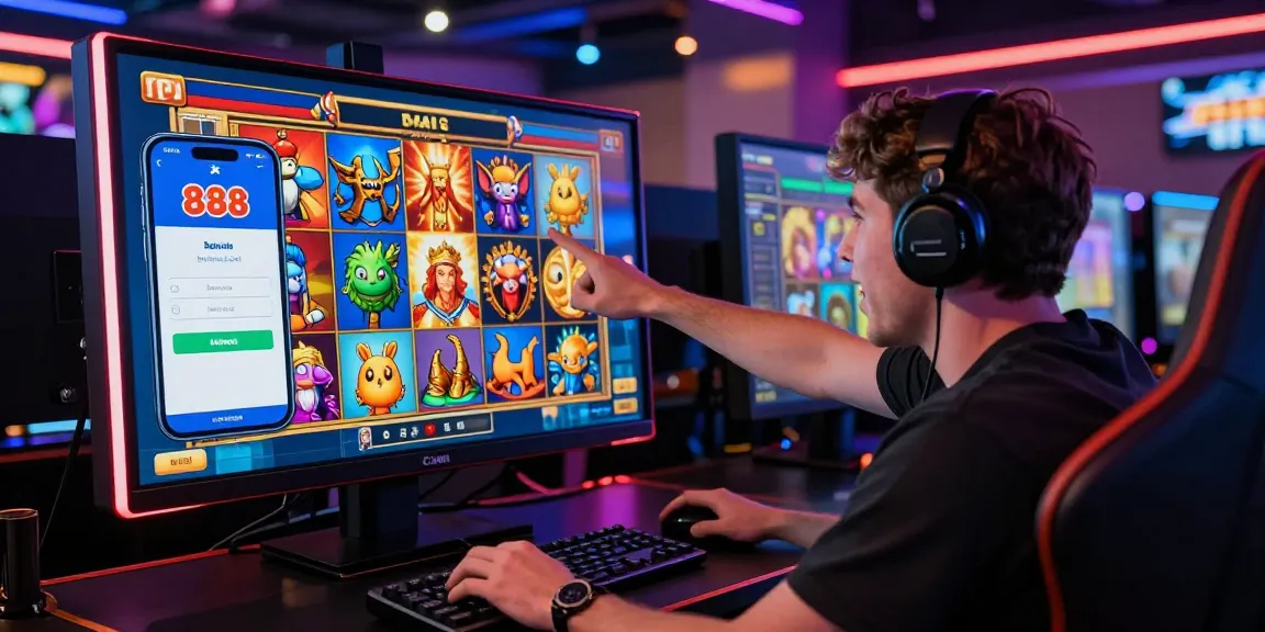 Excited player enjoying slot raja game on screen with colorful themes and digital wallet app.